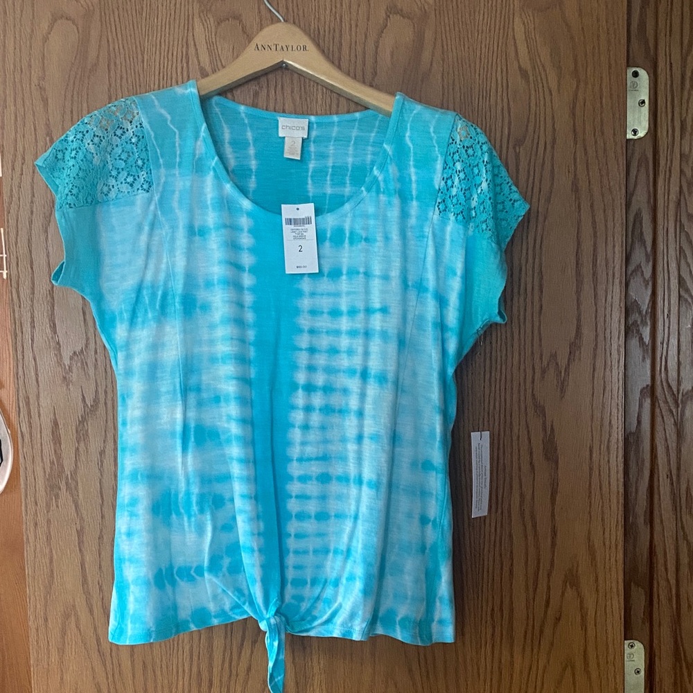 Chico’s Turquoise Tie-Dye Blouse with Lace Sleeves